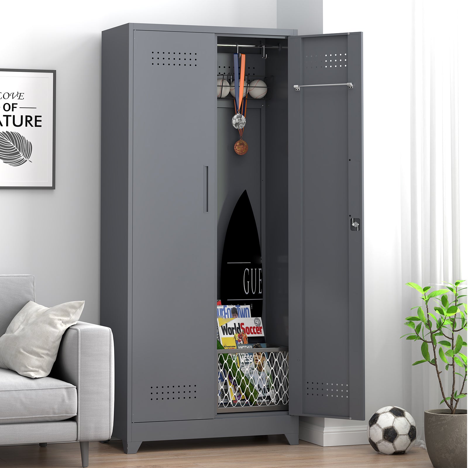 Broom Storage Cabinet with Locking Doors, Shelves and Hanging Rod, 65" H, Metal