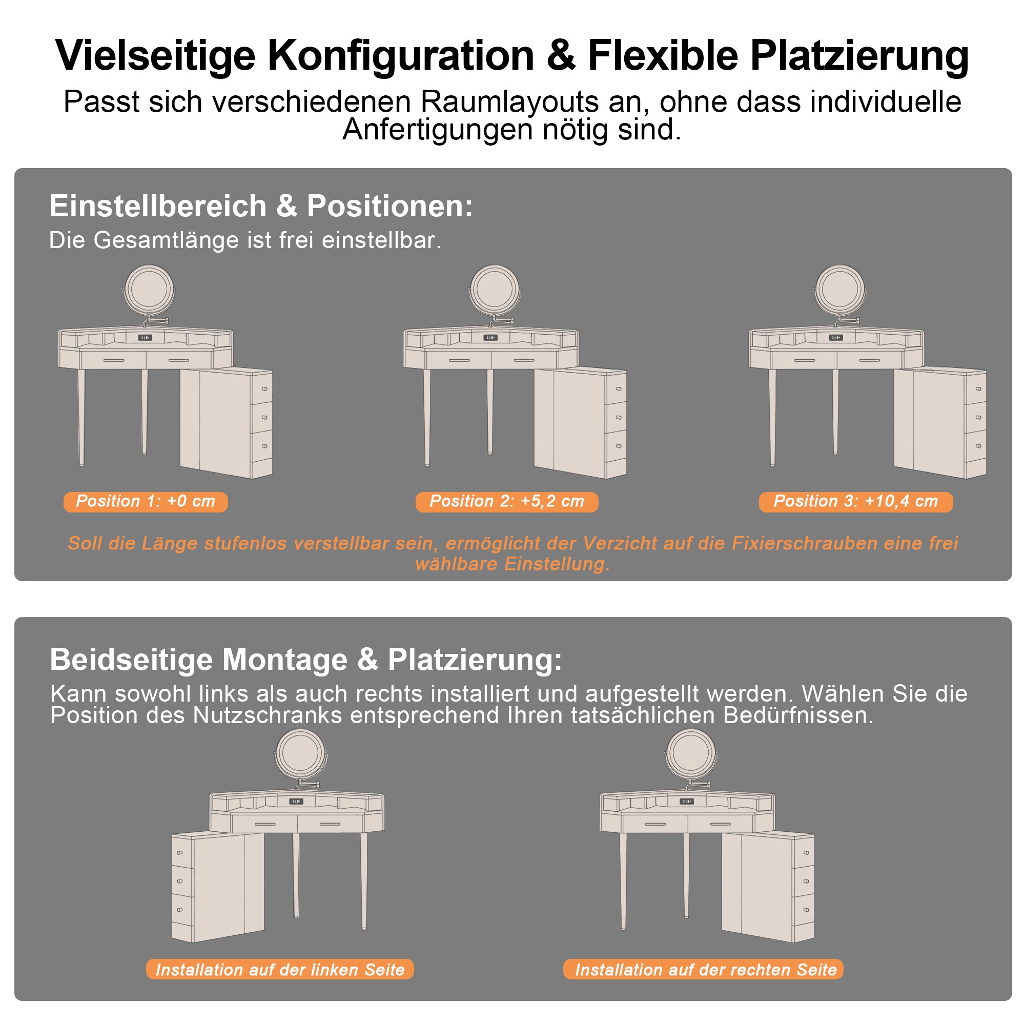 Corner Dressing Table Rotating LED Mirror 5 Drawers USB-C Ports White