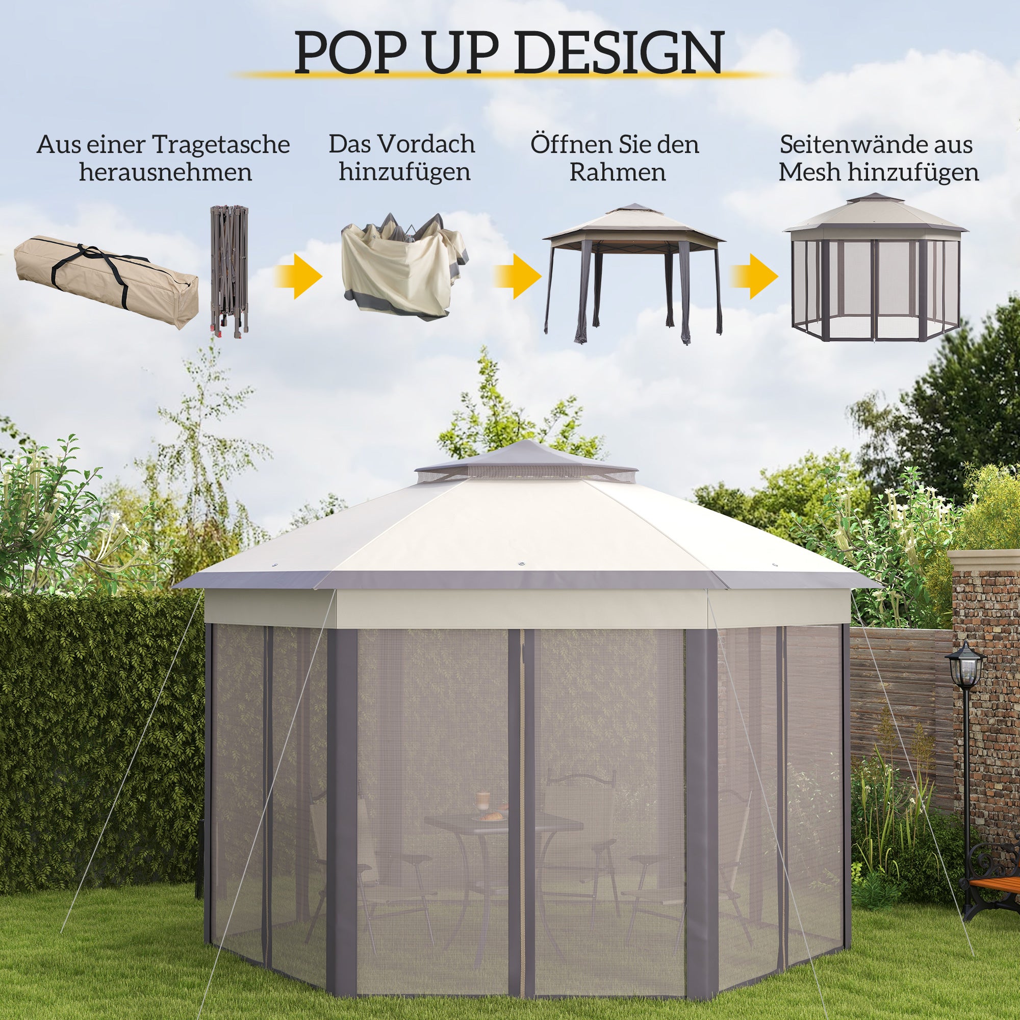 Garden Pavilion Folding Pop-Up Tent 4x4m 6 Side Panels Double Hexagonal Roof, Coffee/Beige