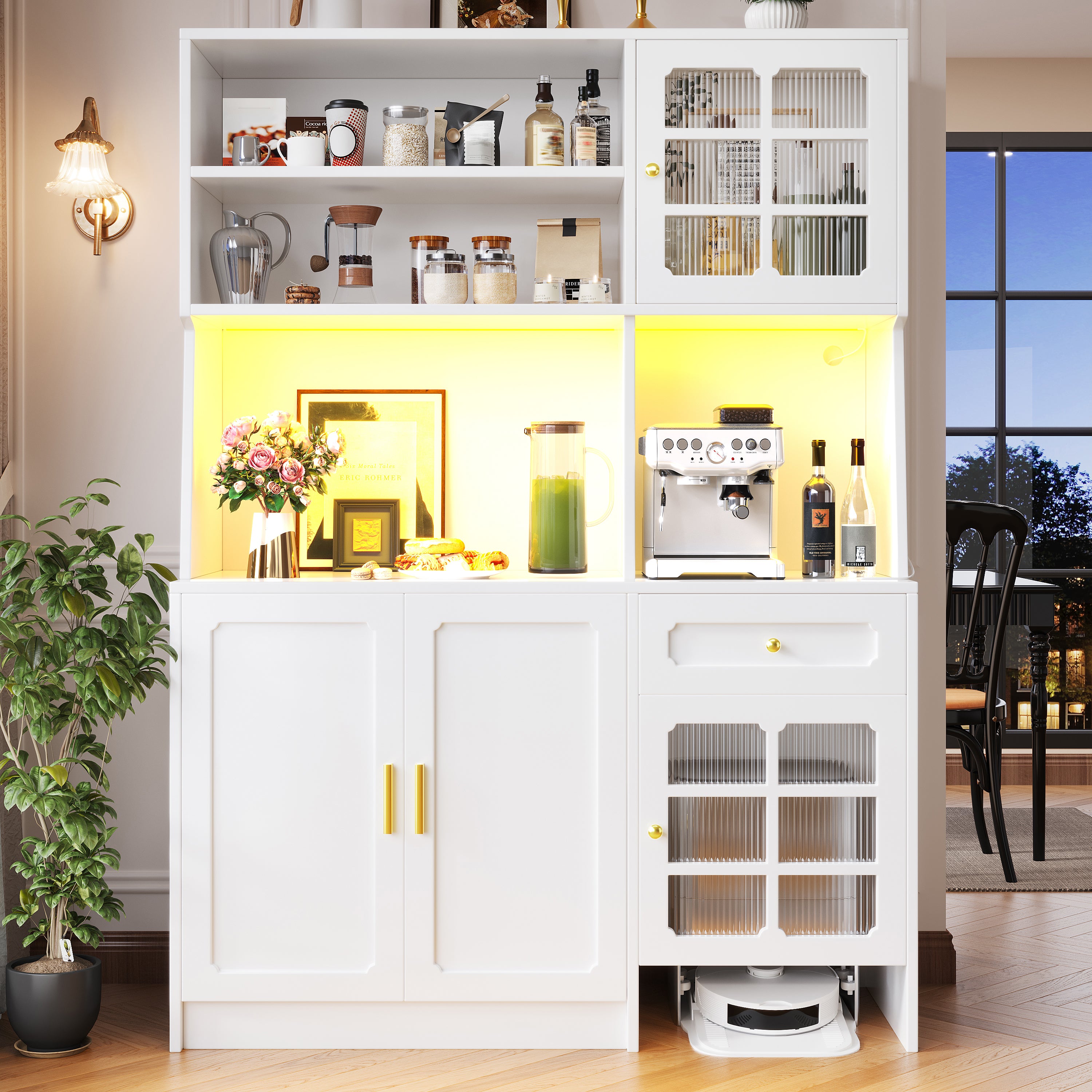 Tall Kitchen Cabinet with Glass Doors and LED Lighting, White