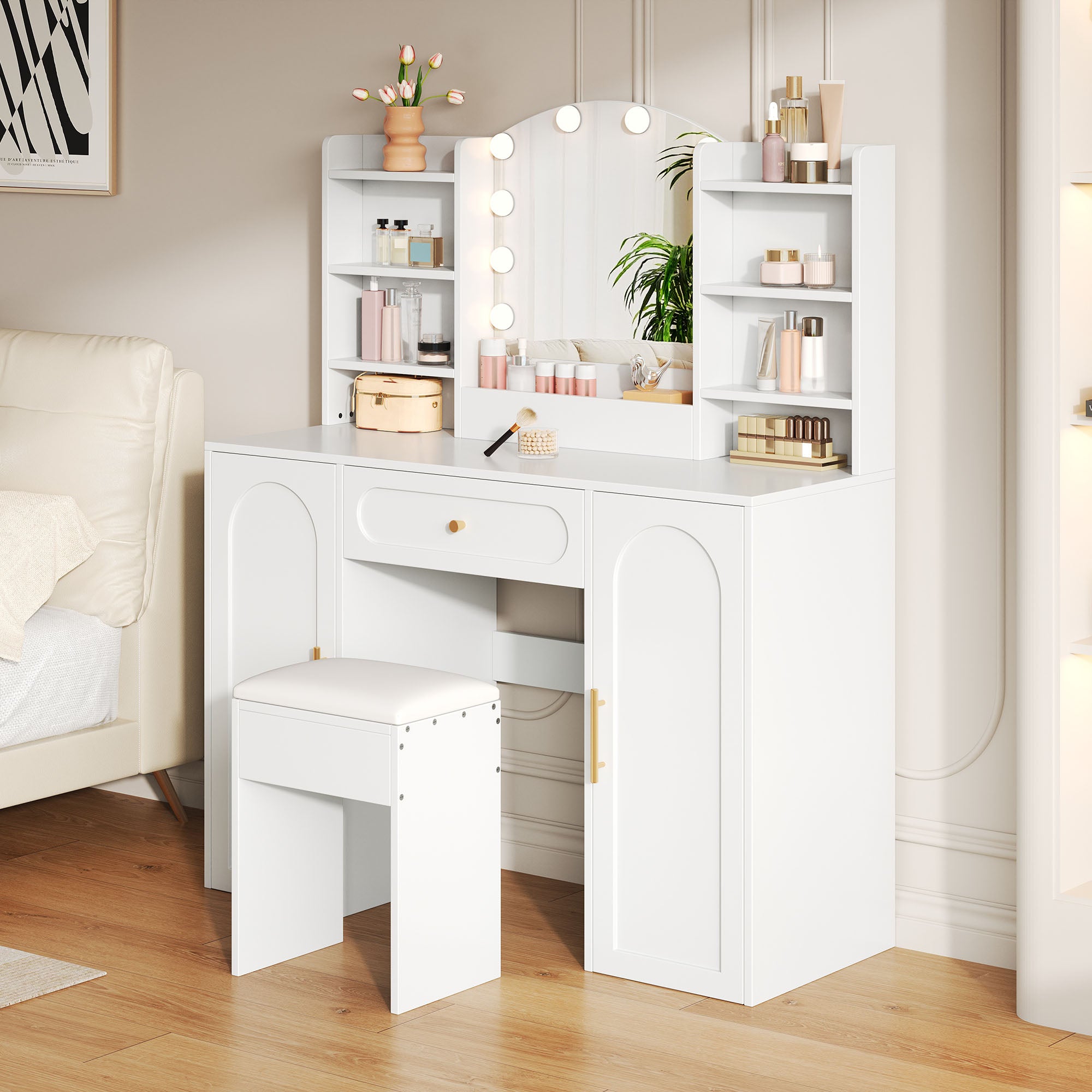 Large Vanity Table with LED Lighting, Mirror and Stool, White