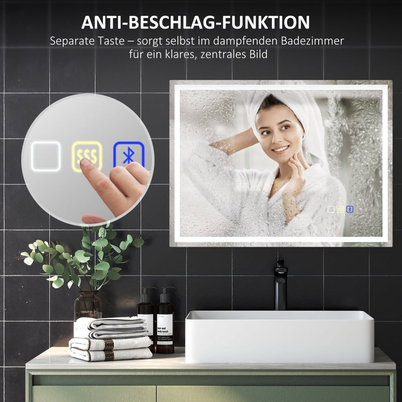 Bathroom Mirror LED Bluetooth Anti-Fog Touch Switch, 80x60cm, Silver