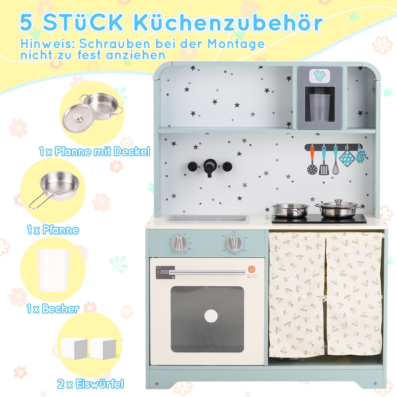 Children's Play Kitchen with Ice Maker and Microwave, Wood and Plastic, Blue