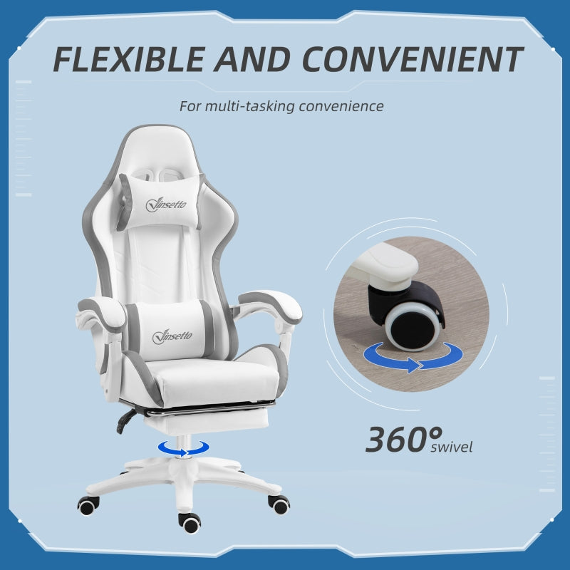 Computer Gaming Chair, 135° Reclining Back Footrest Lumbar Support, White and Grey PU Leather