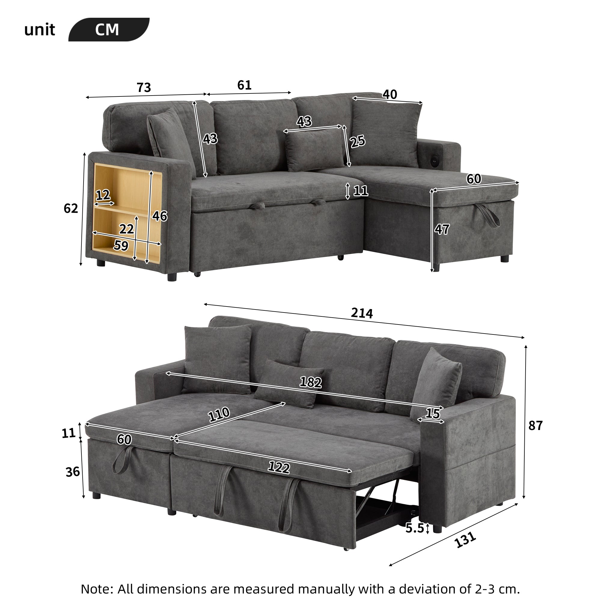 Corner Sofa Bed L-Shaped Extendable with Storage, Dark Grey