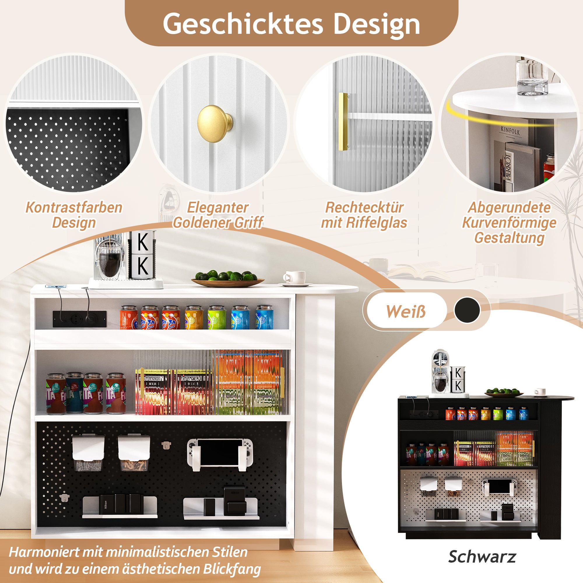 Bar Table Extendable 360° Rotating Sideboard LED Storage Sockets White