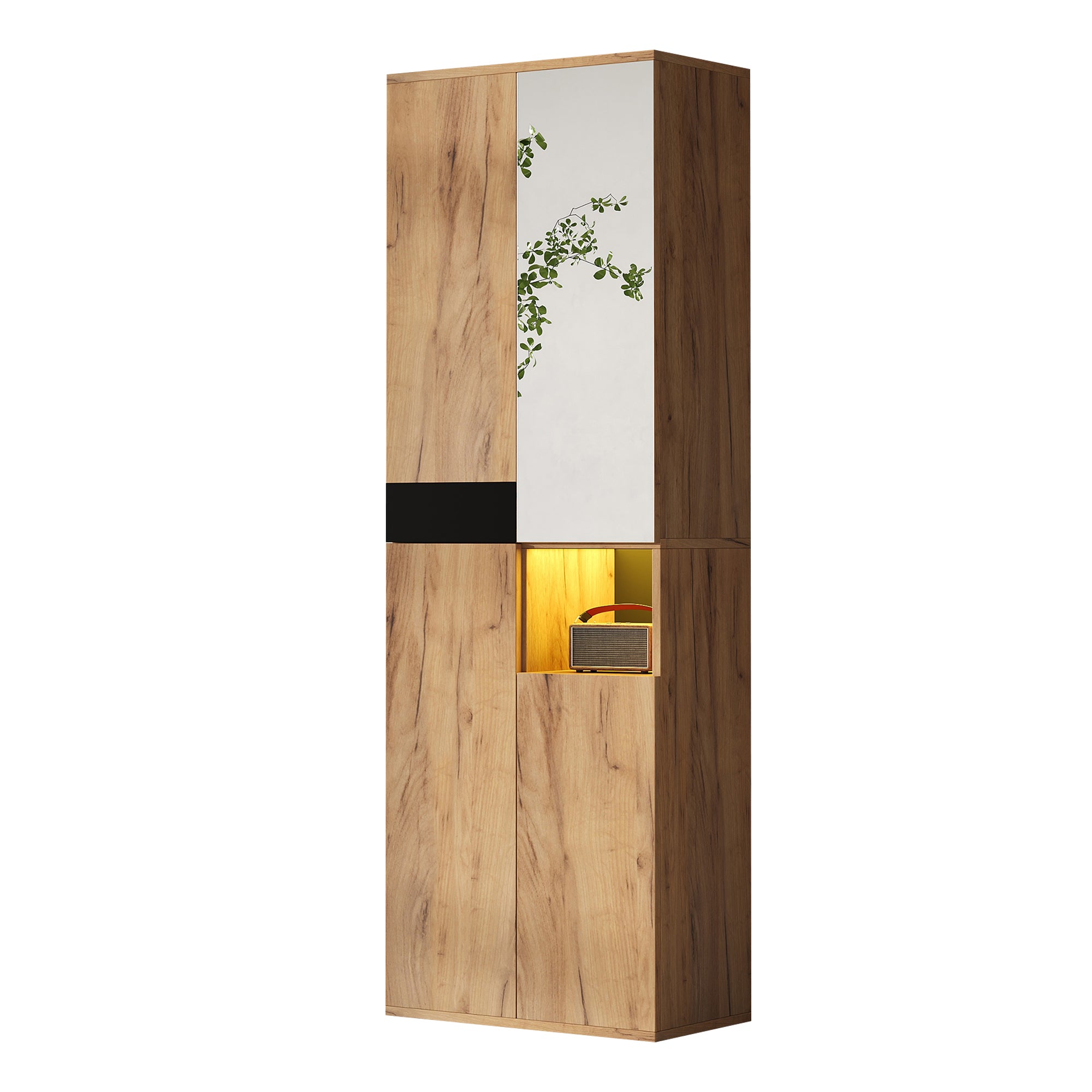 Tall Wardrobe Mirror Four Doors Open Storage Black/Natural Wood Finish