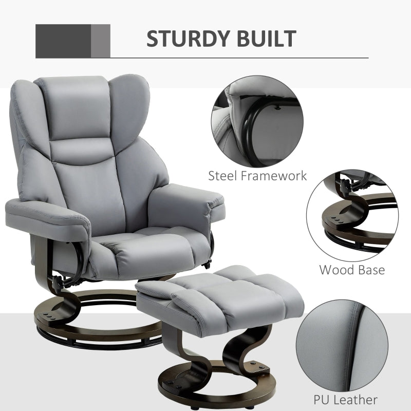 360° Swivel Recliner Chair with Footstool, Manual Recliner Armchair, PU Leather Light Grey