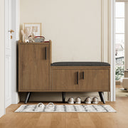 Modern shoe bench with three storage doors and multiple levels for storage, metal handles