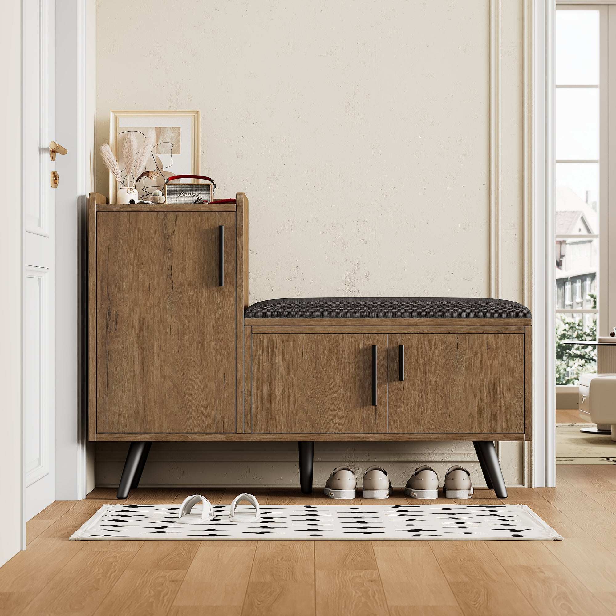 Modern shoe bench with three storage doors and multiple levels for storage, metal handles