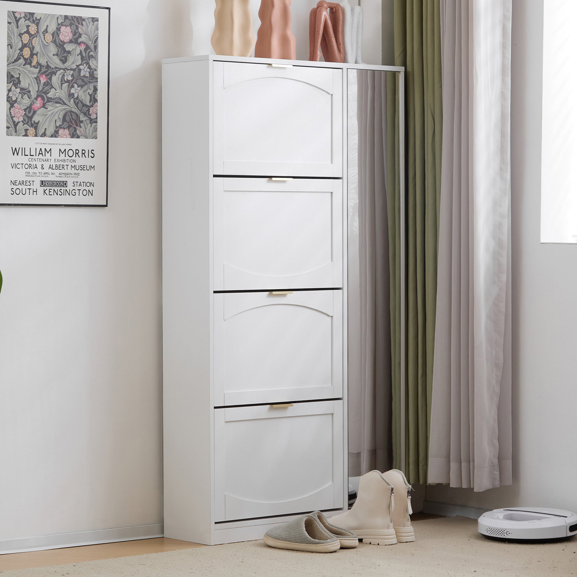 Modern Shoe Cabinet with Mirror, 4 Fold-Down Compartments, Adjustable Shelf, White