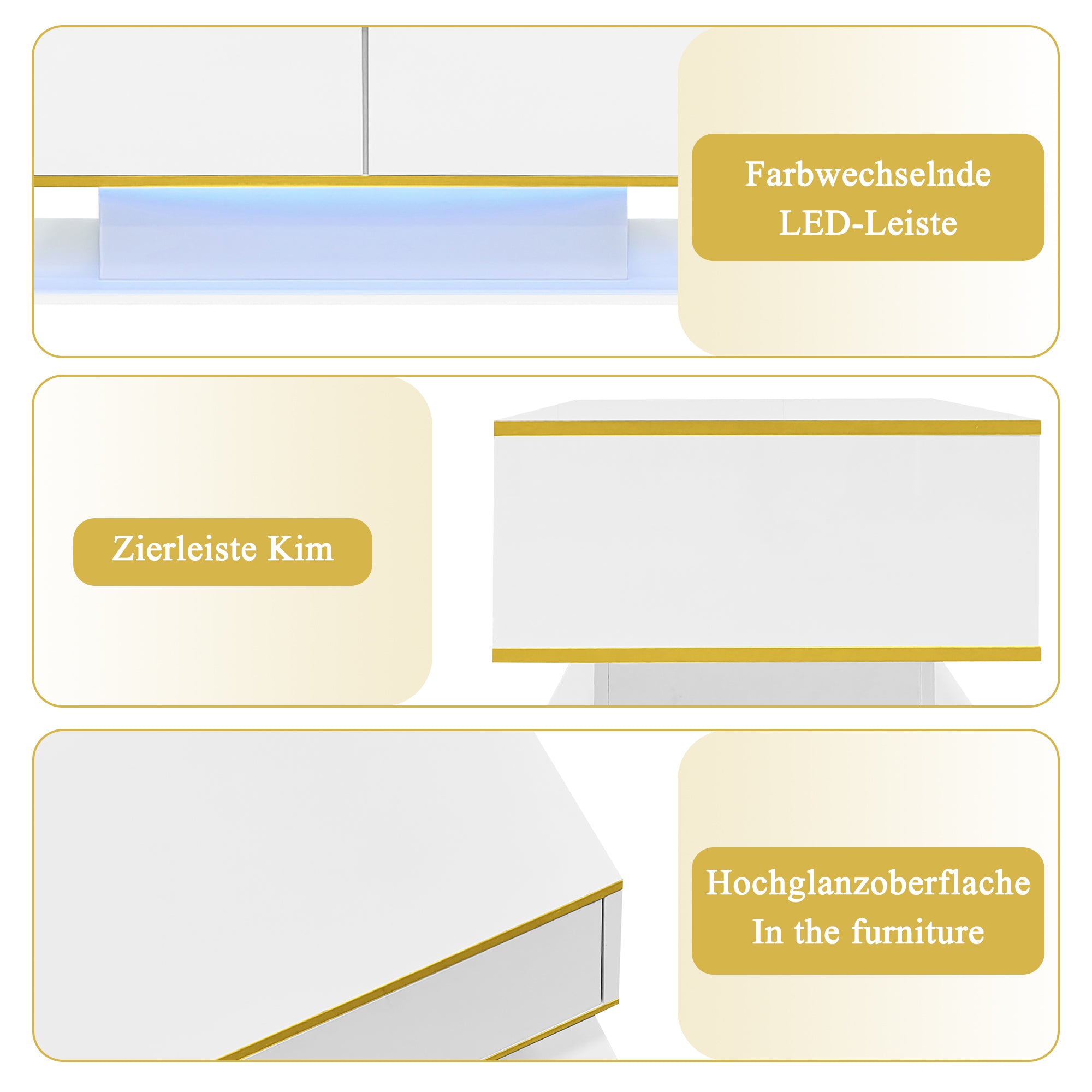 Modern LED Coffee Table 100cm High-Gloss 3 Drawers USB Gold Trim