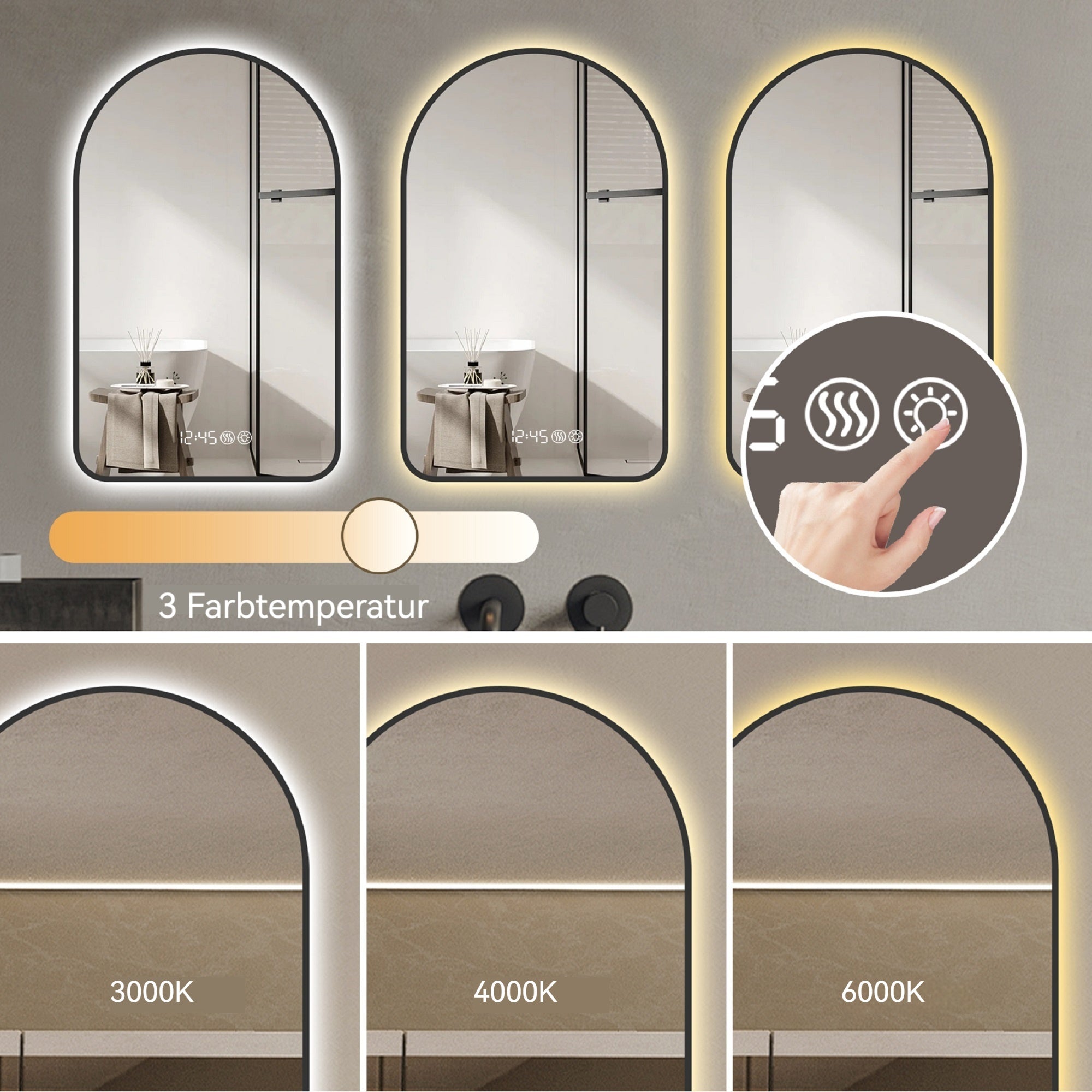 Arched LED Bathroom Mirror, 70x120cm, Anti-Fog, Dimmable, Time/Temp Display, Black Frame