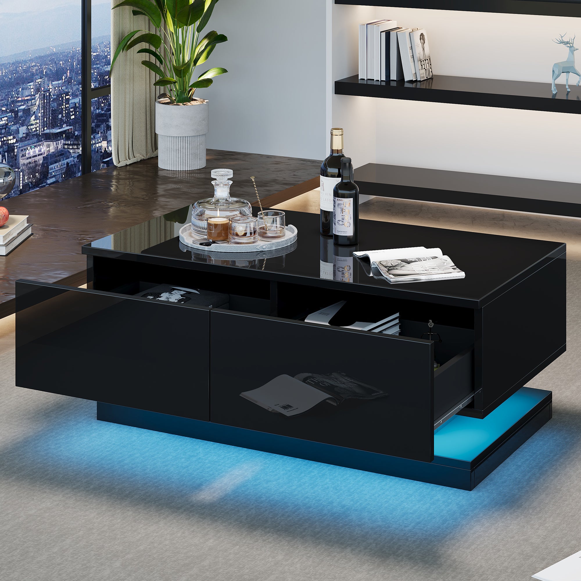 Coffee Table, High-Gloss with 2 Drawers & LED Lighting, Black