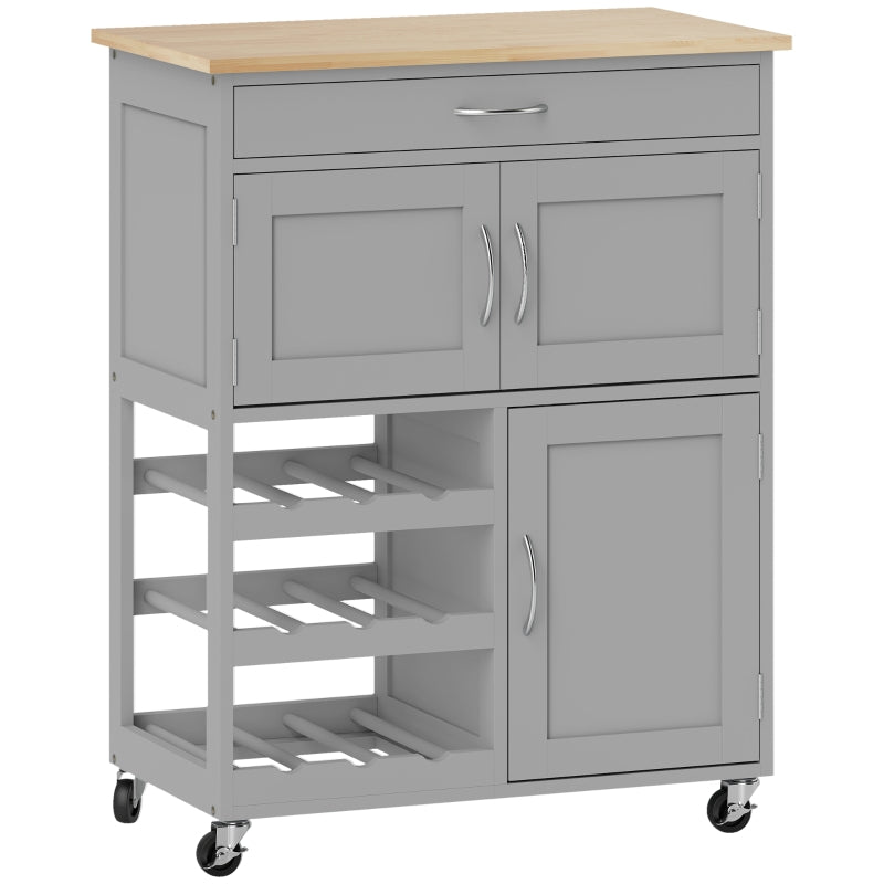 Modern Kitchen Trolley Rolling Island Storage Cart Drawer Wine Rack Rubberwood Grey