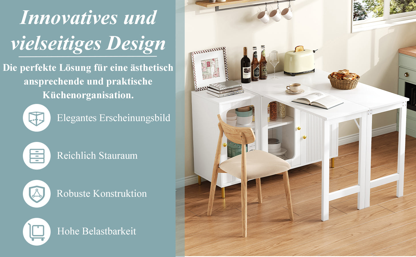 Buffet Sideboard Folding Extendable Top Rotating Glass Wave Doors - White