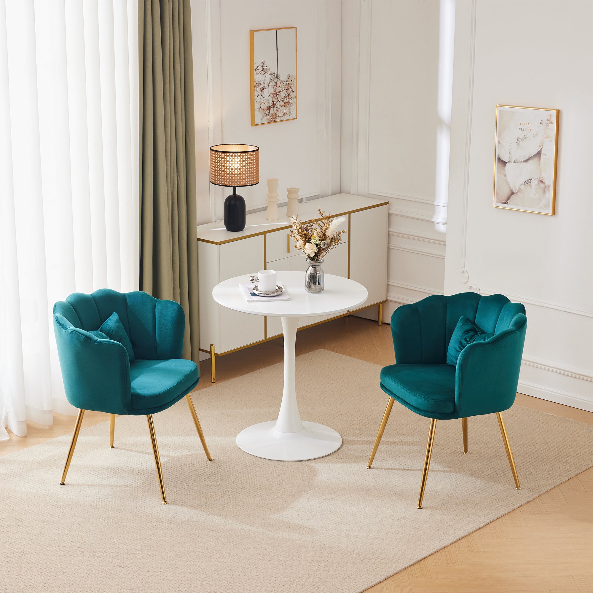 Velvet Chairs, Set of 2 Modern Upholstered with Petal Back & Butterfly Cushion, Gold Metal Legs