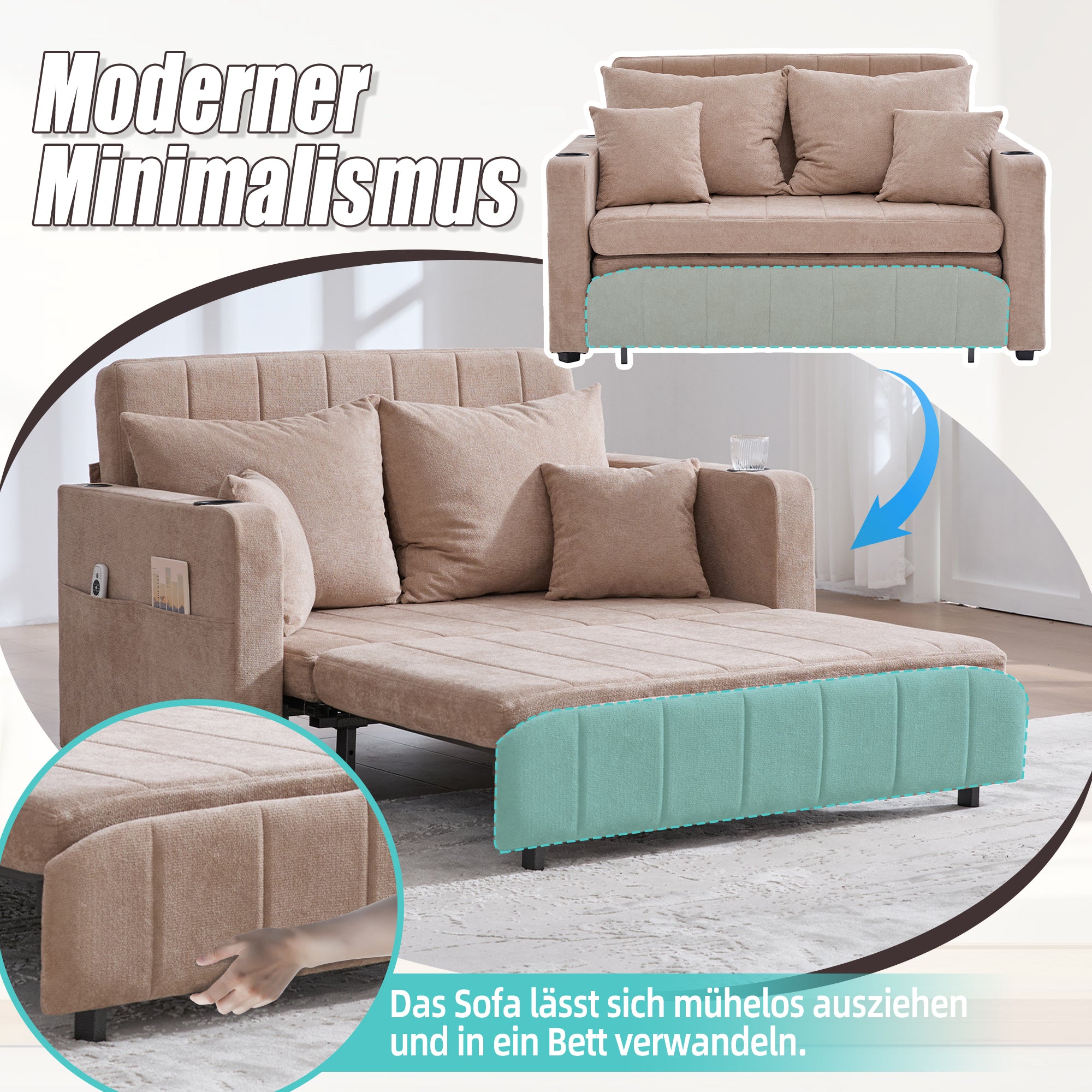 Multifunctional Sofa, Folding Pull-Out with Storage & USB, Fabric