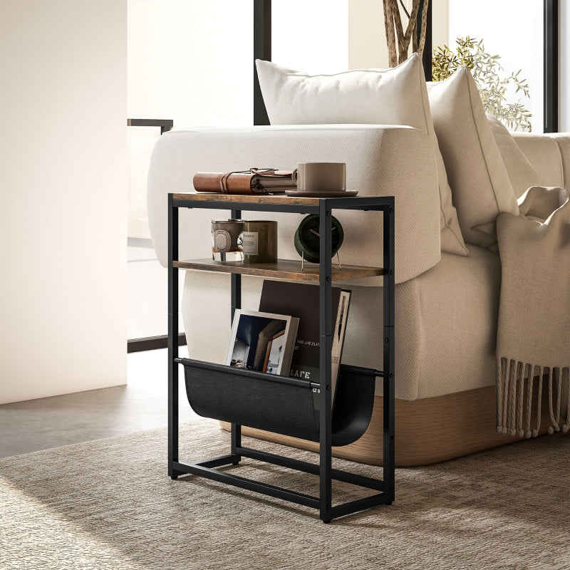 Narrow Side Table 3-Tier Storage Magazine Holder Rustic Brown