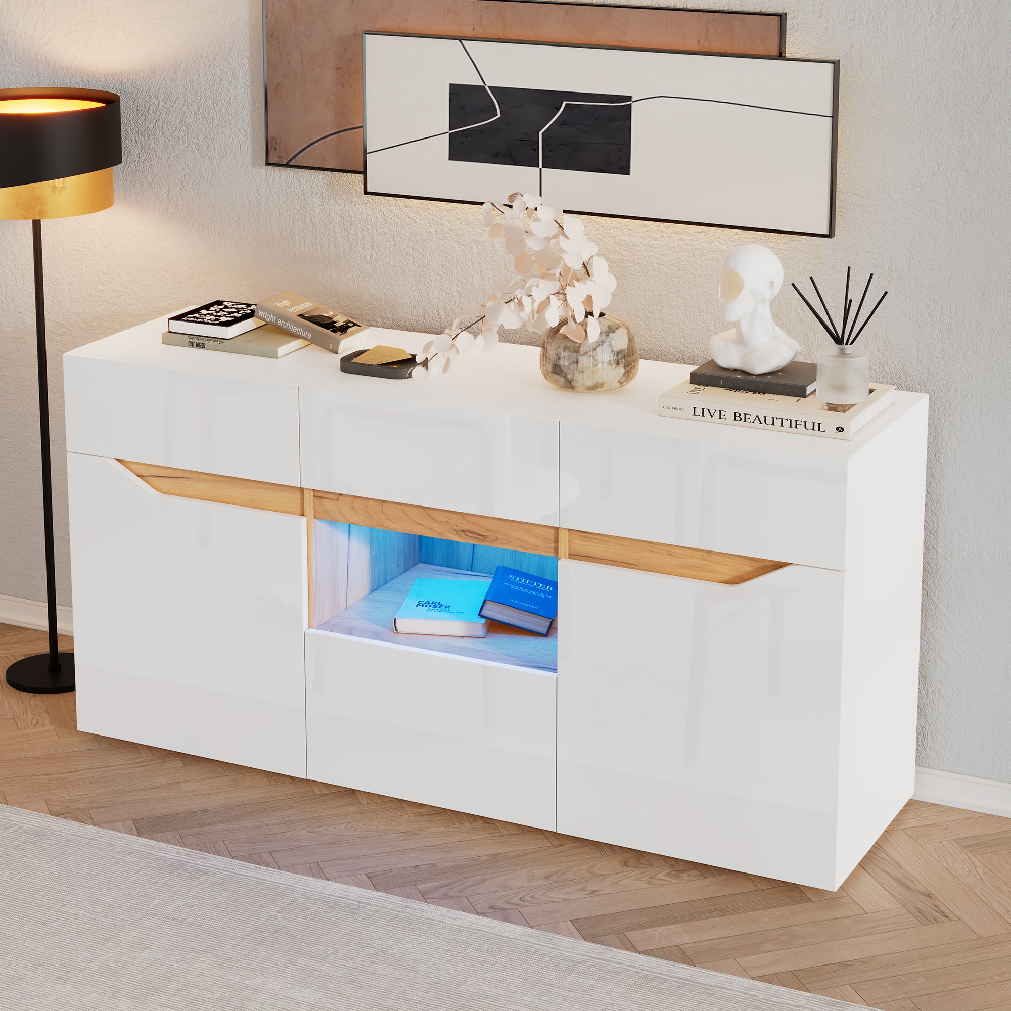 Living Room Sideboard, 4-Drawer Cabinet with LED Lighting, White & Wood