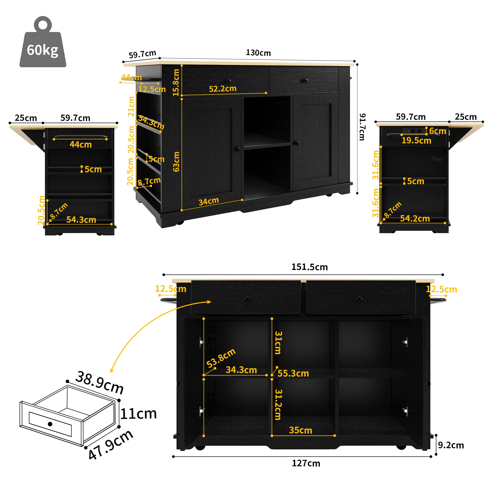 Kitchen Island Trolley Worktop Power Strip Wood Grain Storage - Black