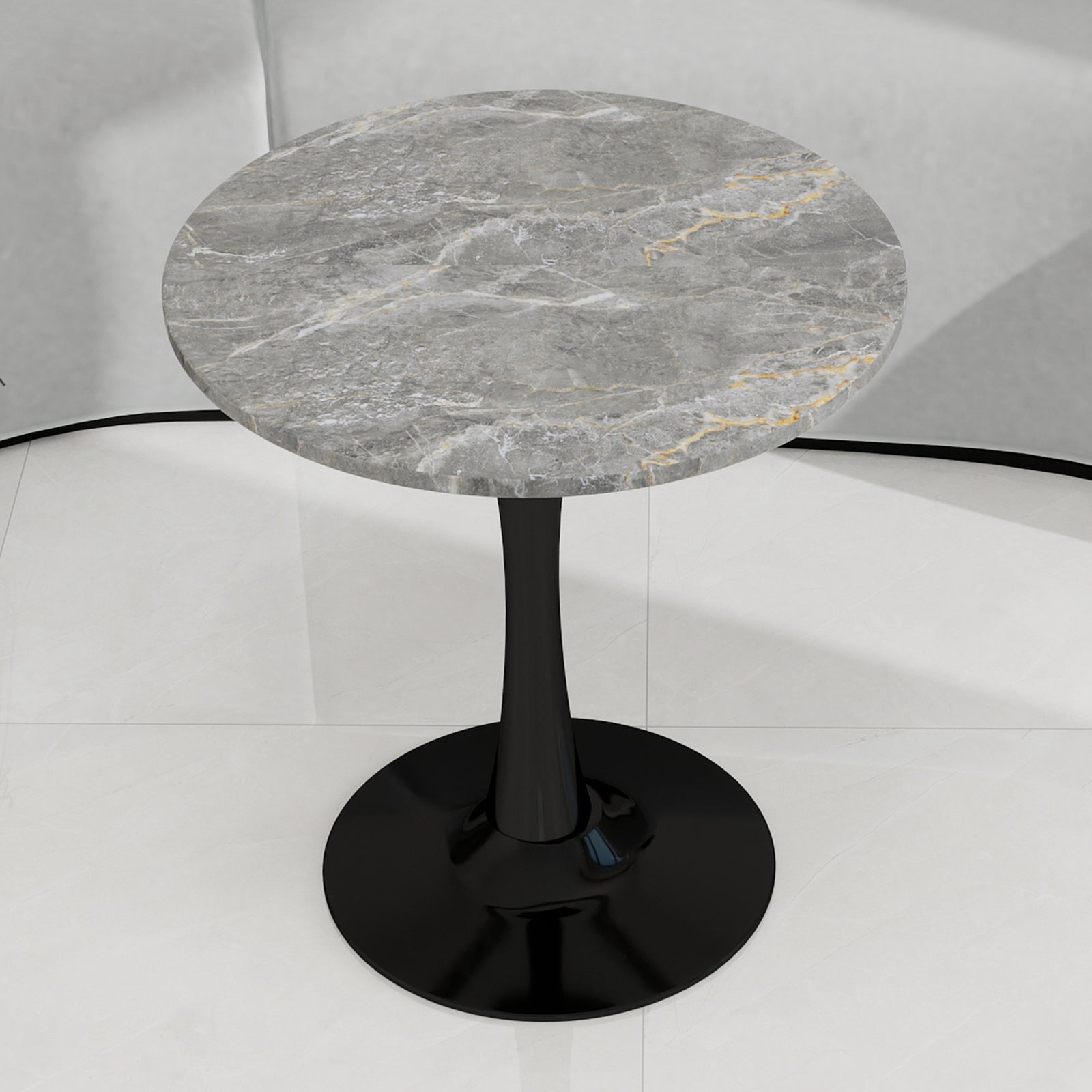 Coffee Table Round Dining Marble Top, 27.6-inch, Black Finish