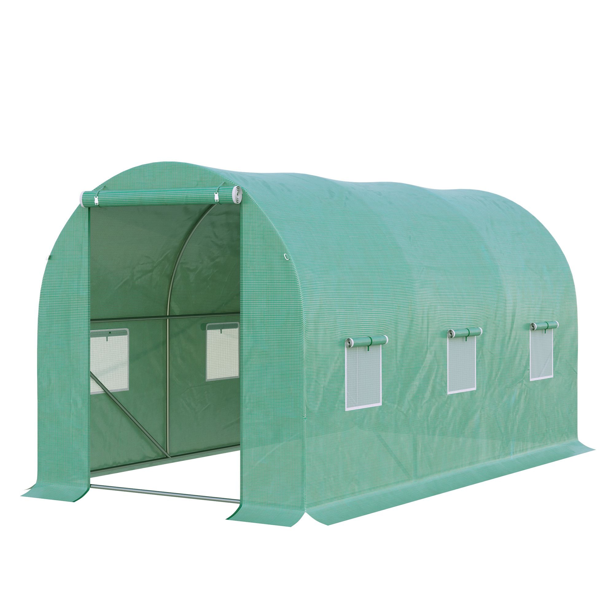 4 x 2 x 2 m Polytunnel Greenhouse, Roll-up Door 6 Mesh Windows Galvanised Steel Frame, Green