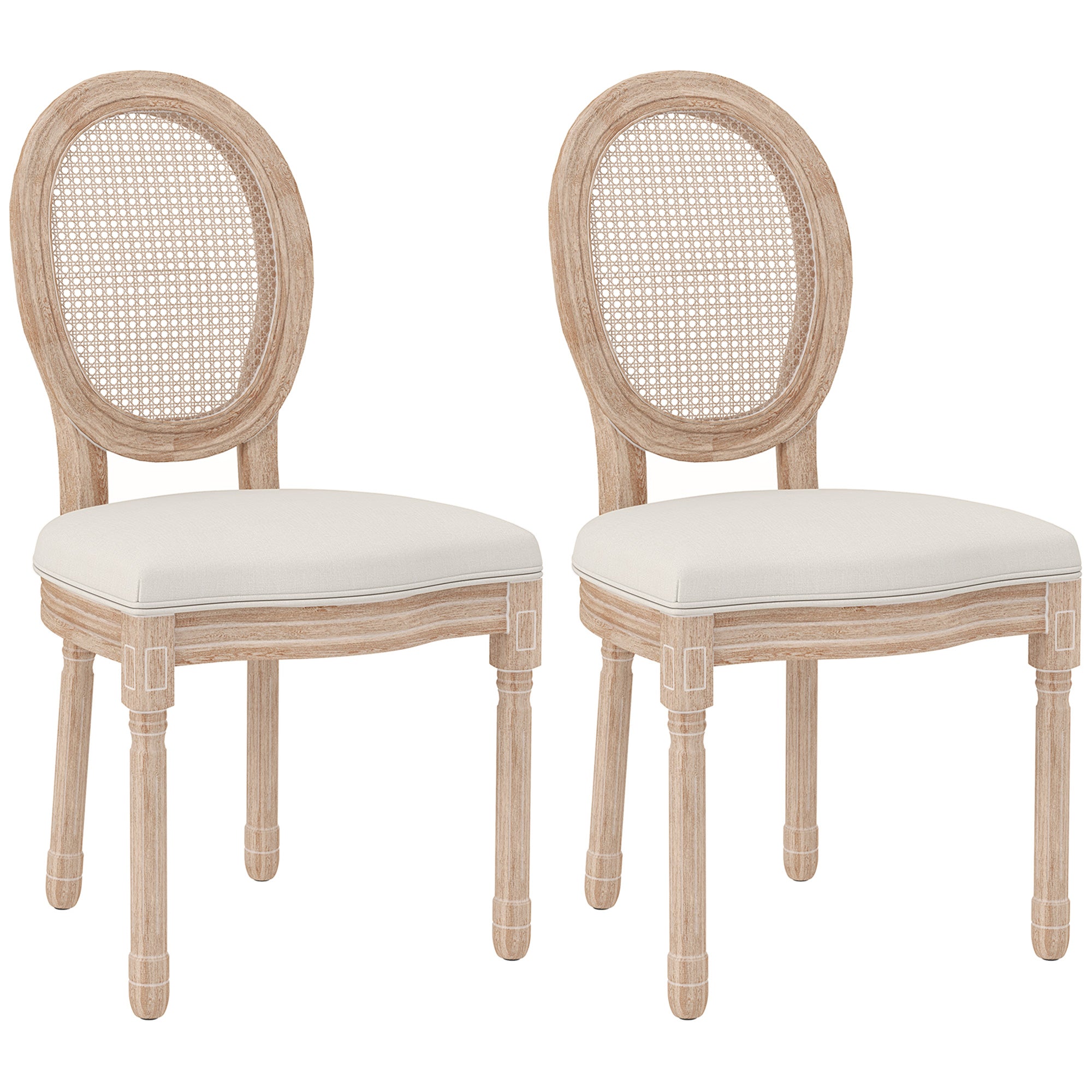 Dining Chairs, Set of 2 Kitchen Backrest Wooden Legs, Linen Rattan Look Cream White