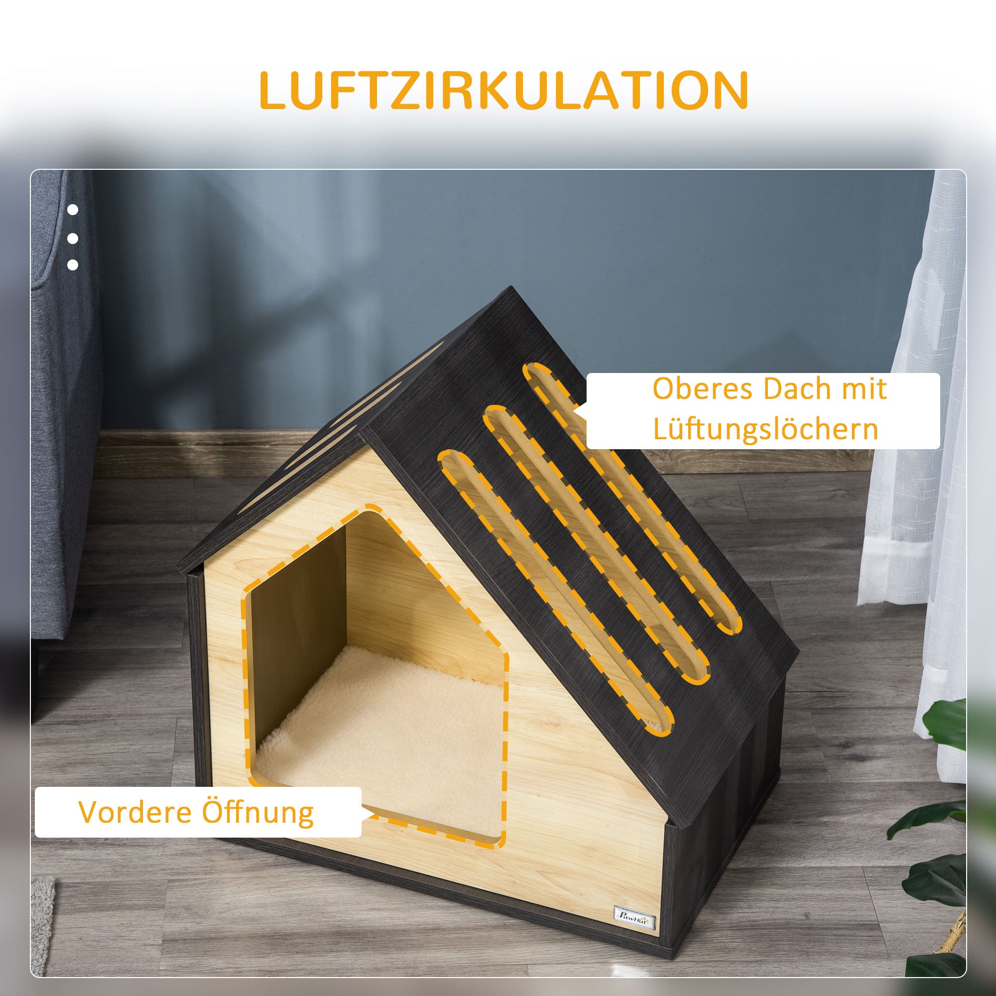 Wooden Dog House, Cat Cave, Dog Sleeping Place, Cozy Cushion, 60 x 40 x 59.2 cm, Wood