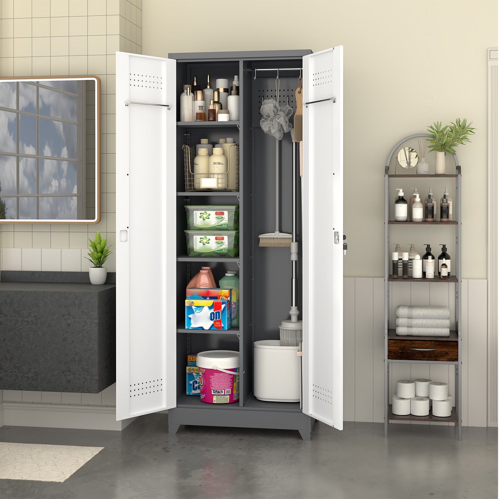 Broom Storage Cabinet with Locking Doors, Hanging Rod and S-Hooks, 65 Inch Metal, Gray