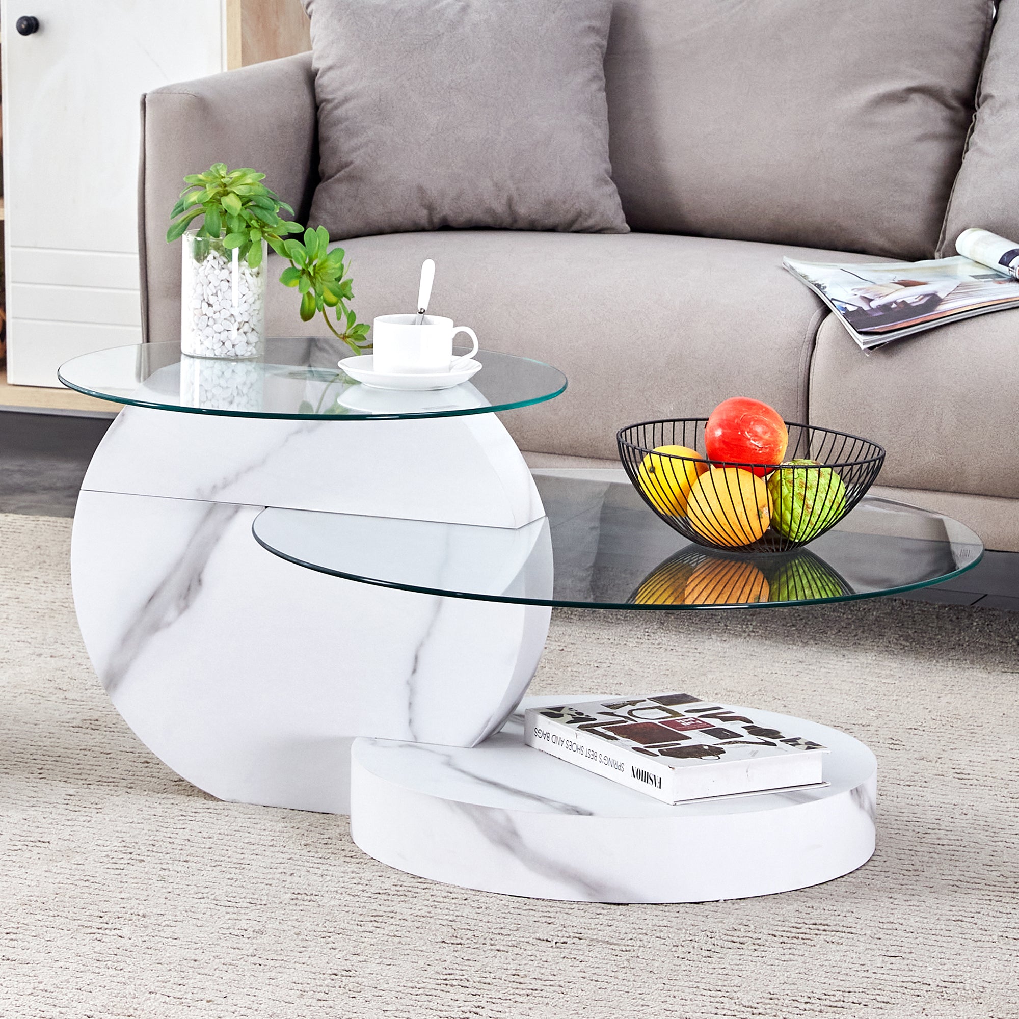 Modern Coffee Table Double-Layered Safety Glass Multi-Tiered White Marble Effect MDF