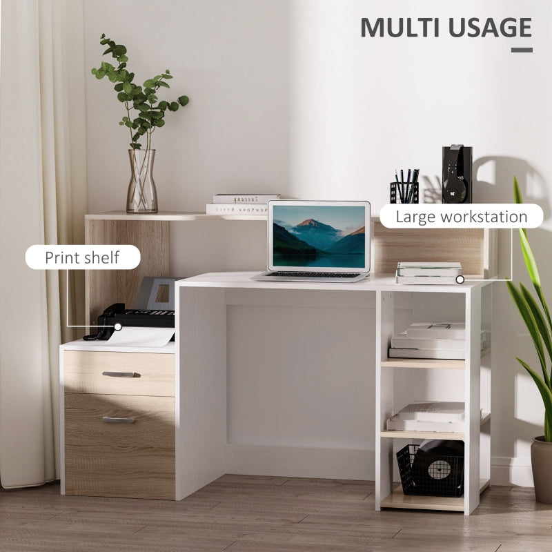 Computer Desk with Drawers, Storage Shelves, Printer Stand, 137 x 55 x 92cm, Oak
