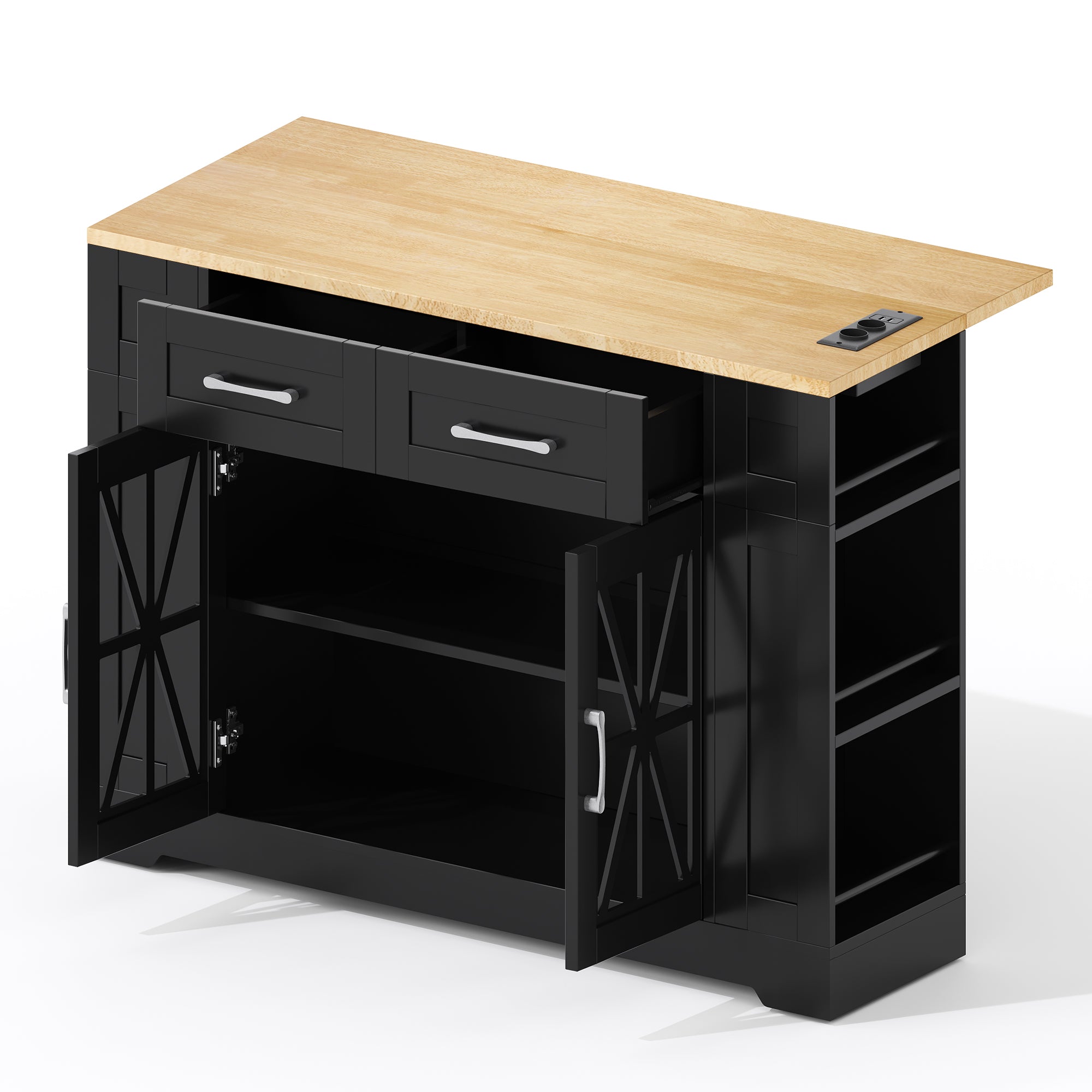 Portable Kitchen Island with Folding Dining Table, AC and USB Ports and Glass Door, Wood Effect