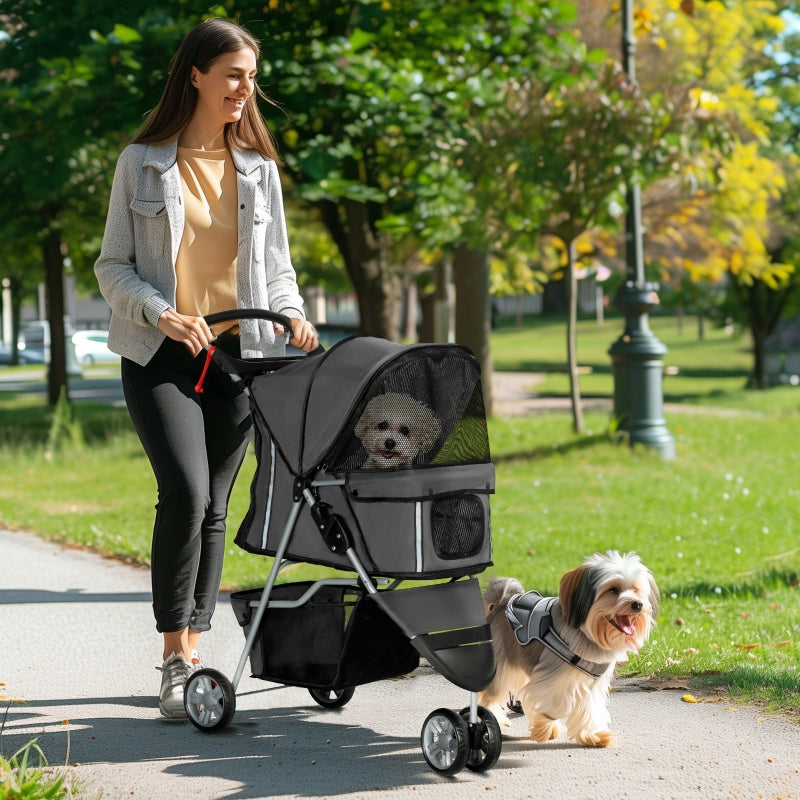 Dog Stroller Buggy, Foldable Mesh Windows Cup Holder, Dark Grey