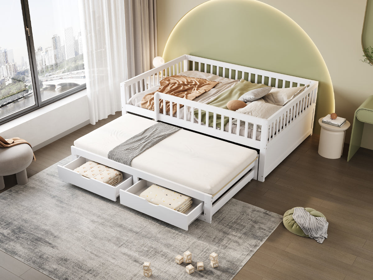 Sofa Bed, Pull-Out with Safety Gate & 2 Drawers, Solid Wood, White