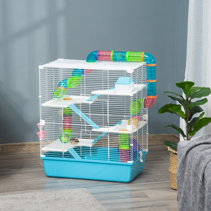 Hamster Cage with Water Bottle, Exercise Wheel, Tubes, Ramps - Light Blue