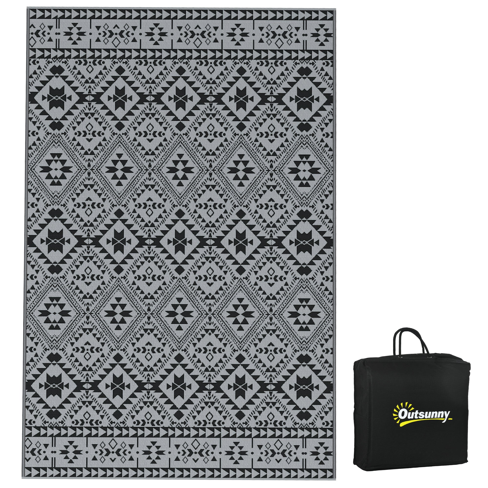 Outdoor Balcony Rug, Waterproof Geometric Eco-Friendly, Black+Grey