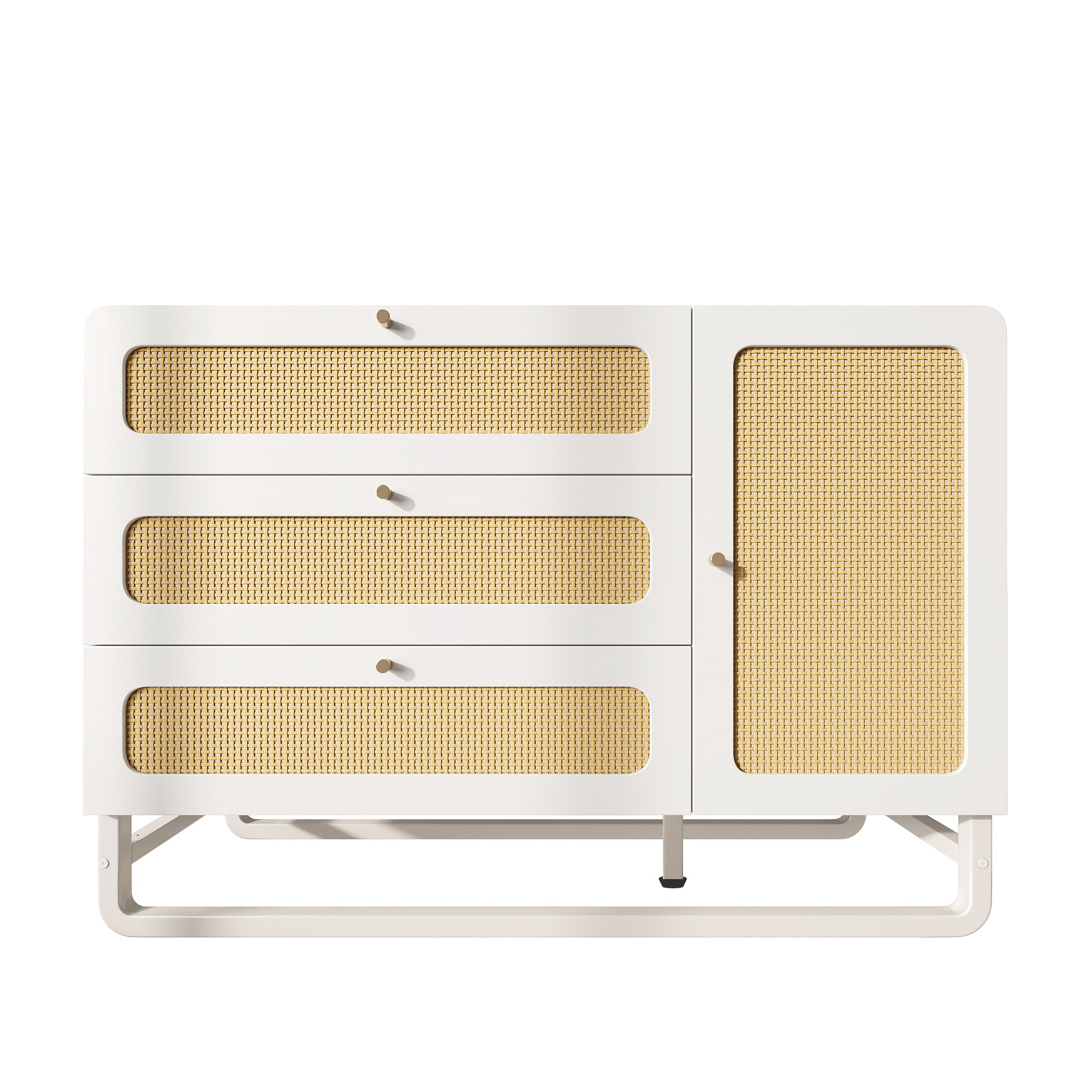 Chest of Drawers with Rattan & Gold Handles, 3 Drawers 1 Door, White Country Style