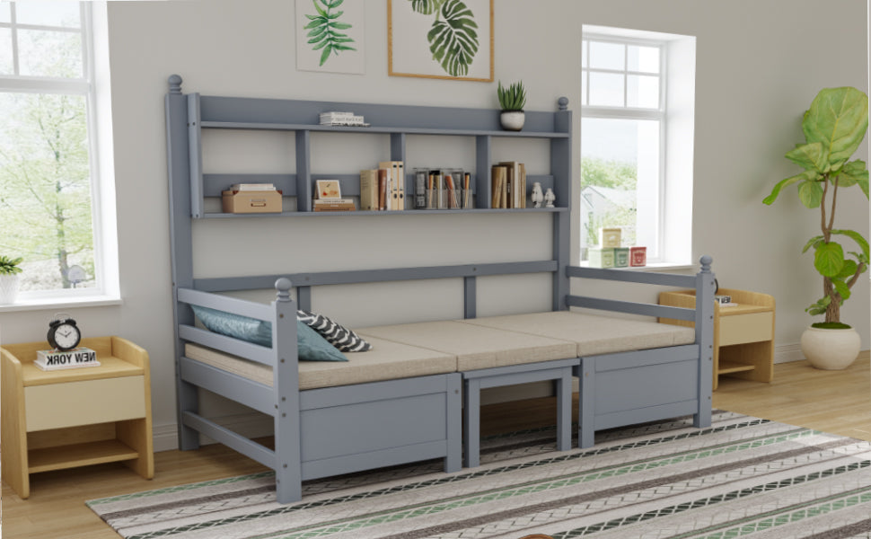 Sofa Bed, Multifunctional 2-in-1 Bed & Desk with Bookshelf, Solid Wood Gray