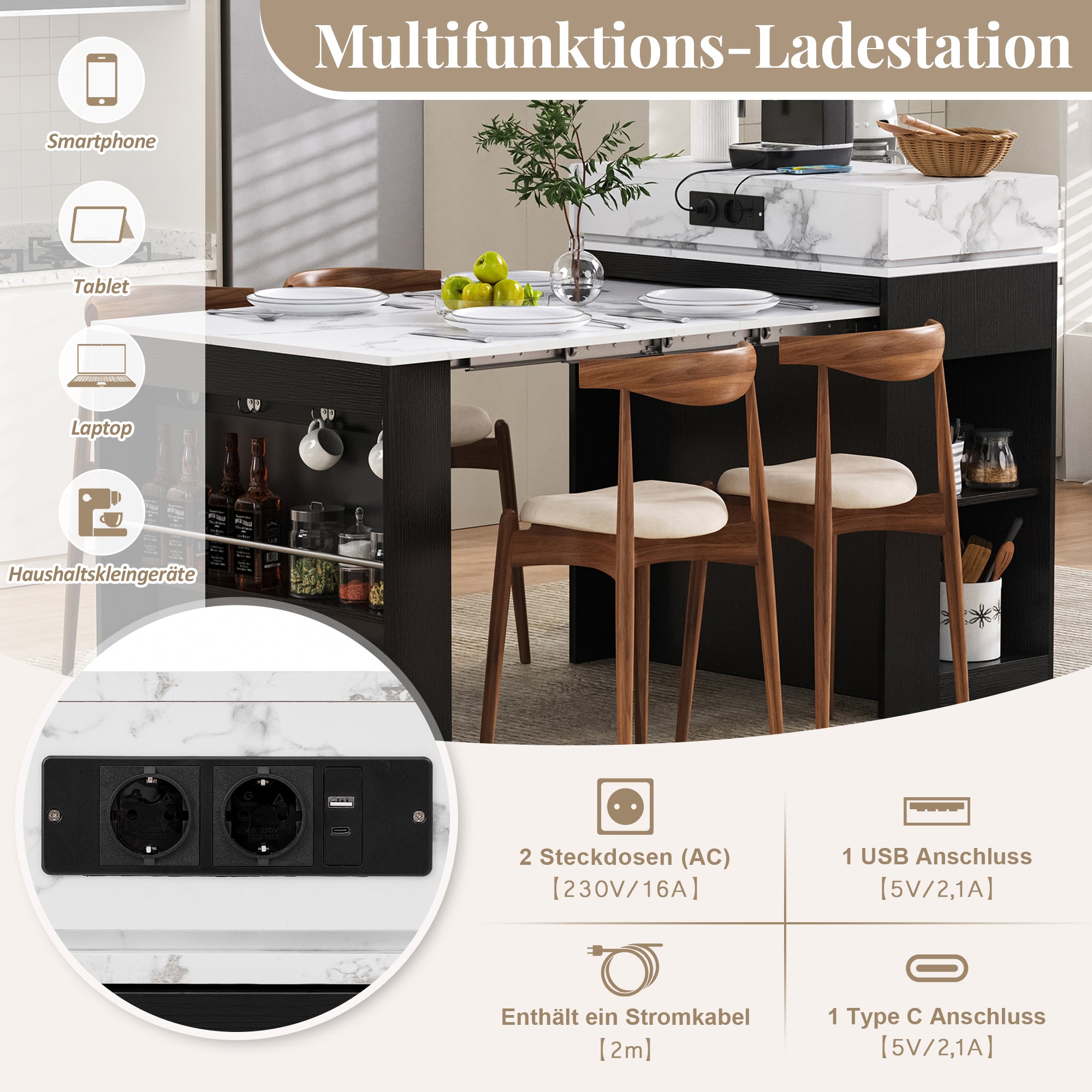 Kitchen Island Mobile Extendable Folding Table Power Strips - Black
