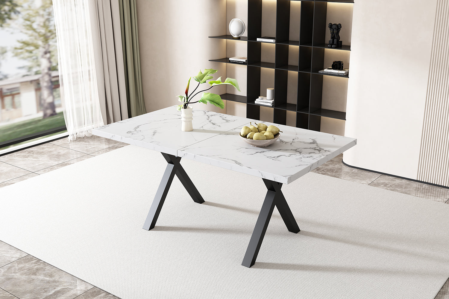 Dining Table Rectangular Crossed Legs Wrought Iron Marble Effect 140x80cm - Black and White
