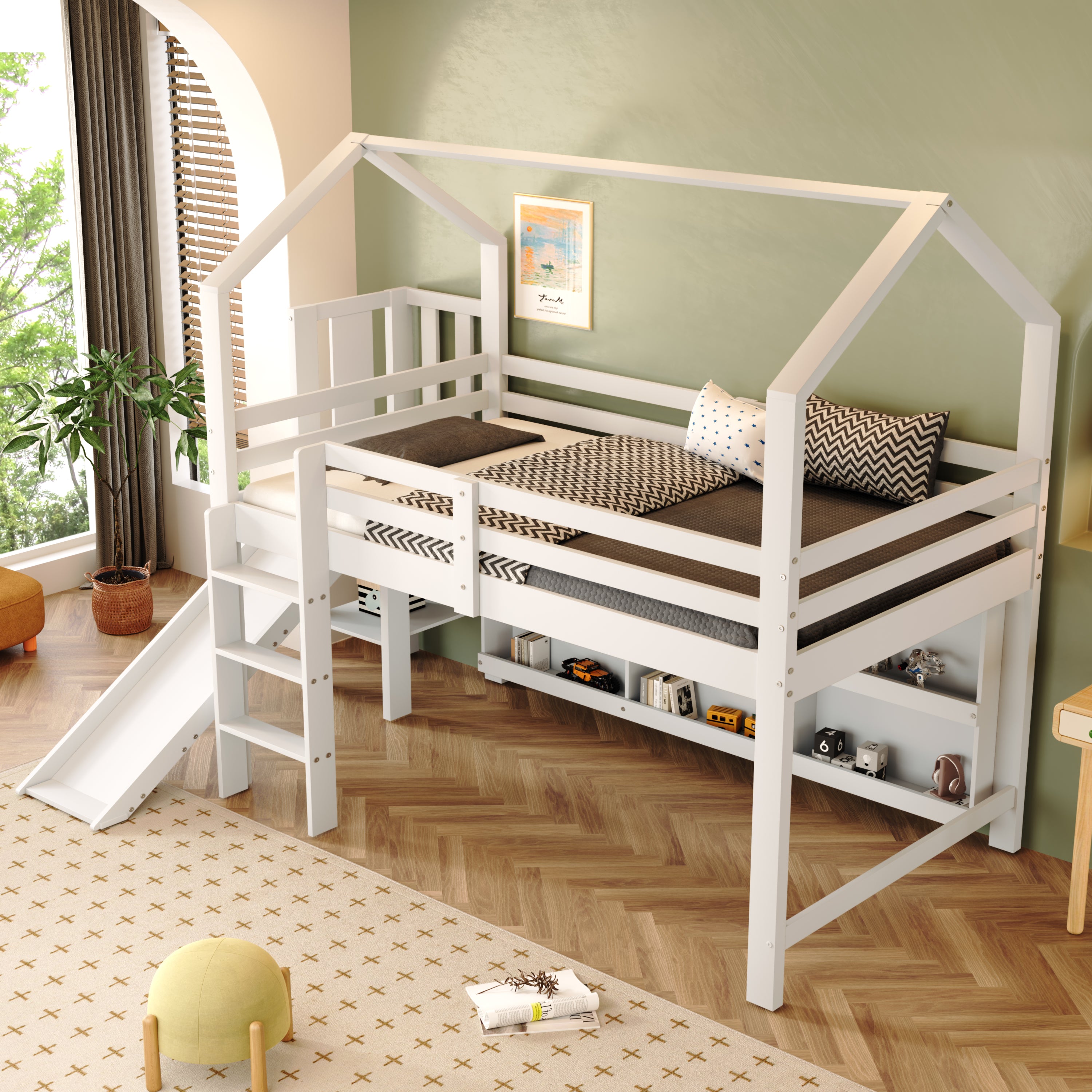 Multifunctional Children's Single Bed with Slide, Stairs and Storage, White Solid Wood and MDF