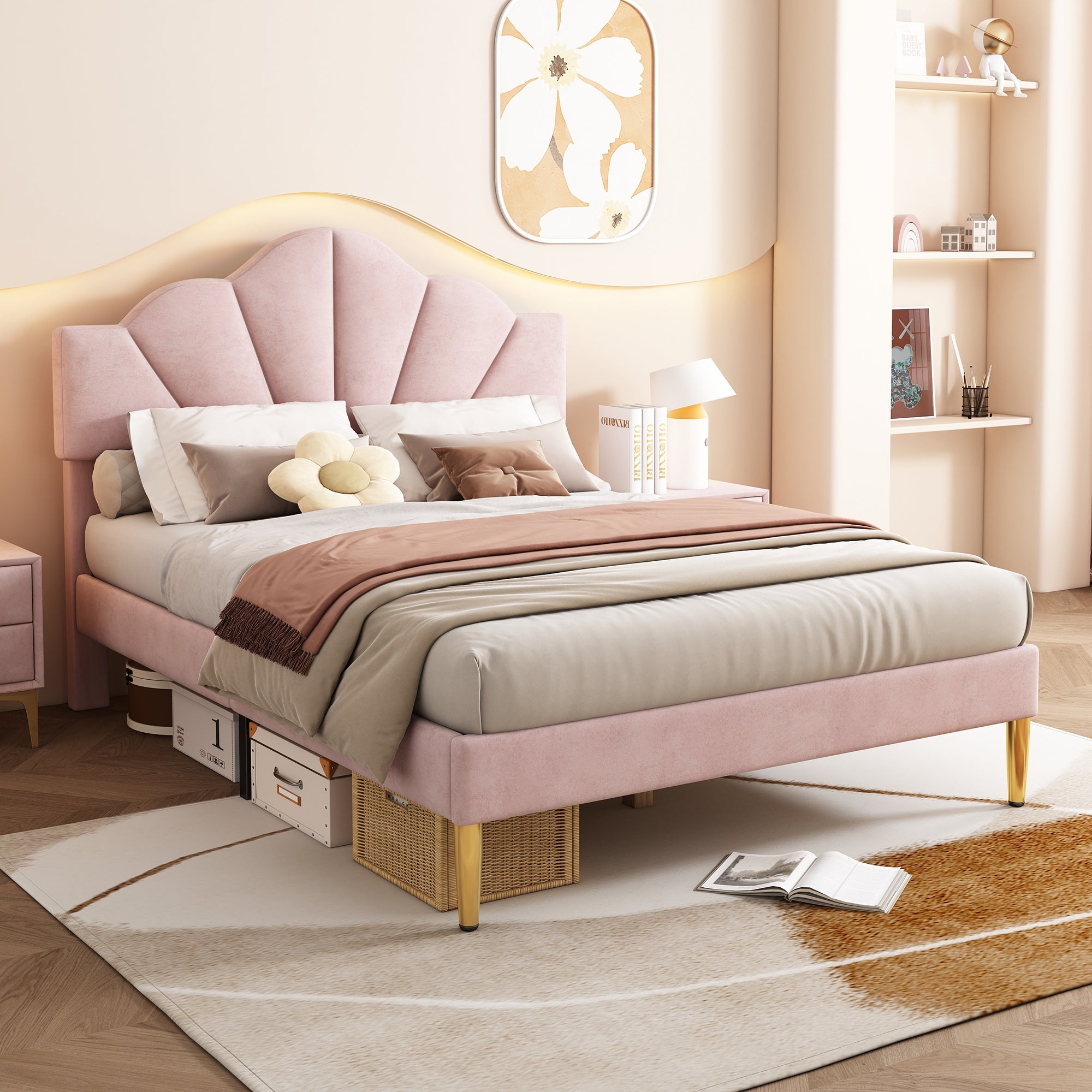 Velvet Upholstered Bed, King Size (150x200cm), Shell-Like Headboard with Golden Iron Legs, Adjustable Height, Wooden Slats, Pink