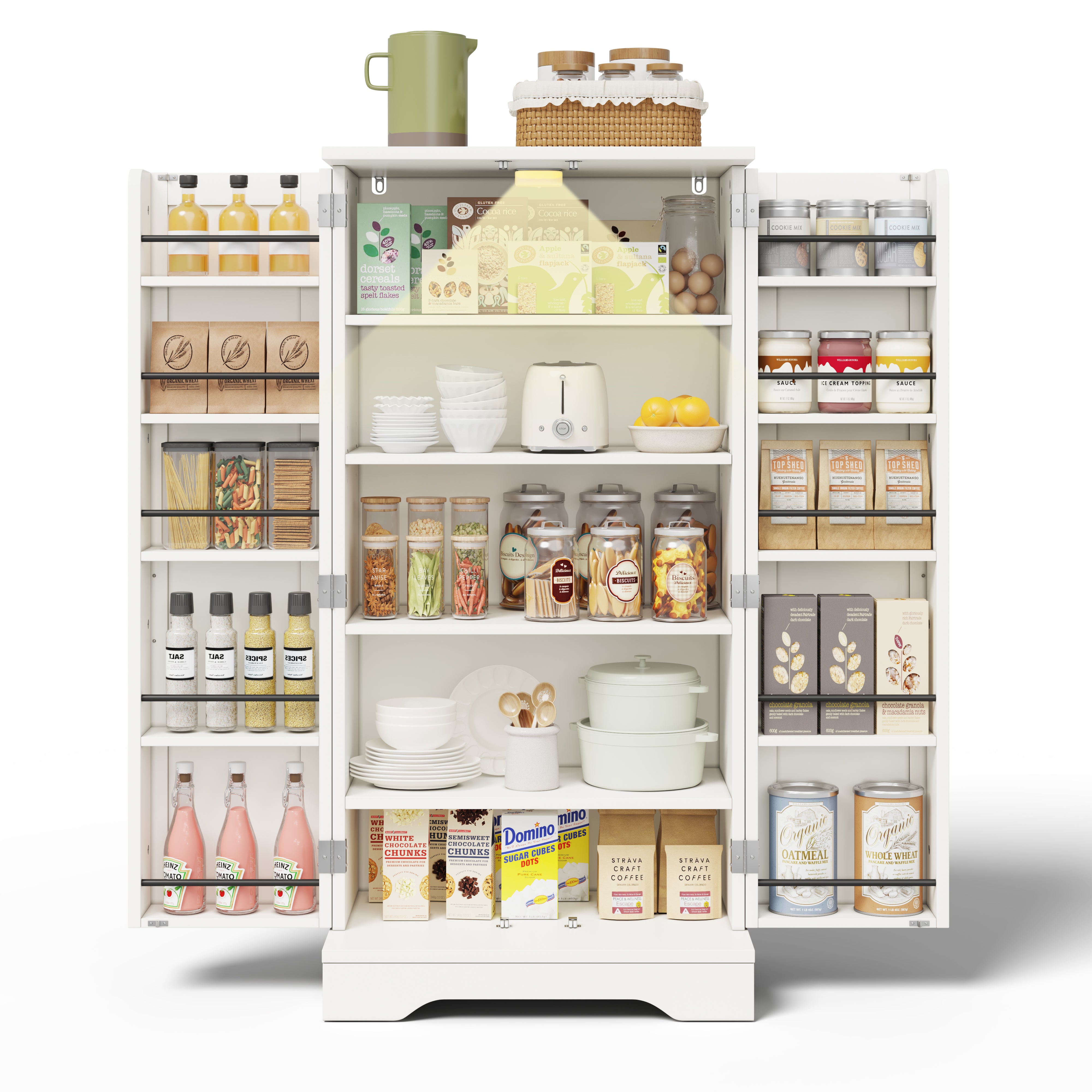 Kitchen Cabinet with LED Sensor Light and Adjustable Shelves, White