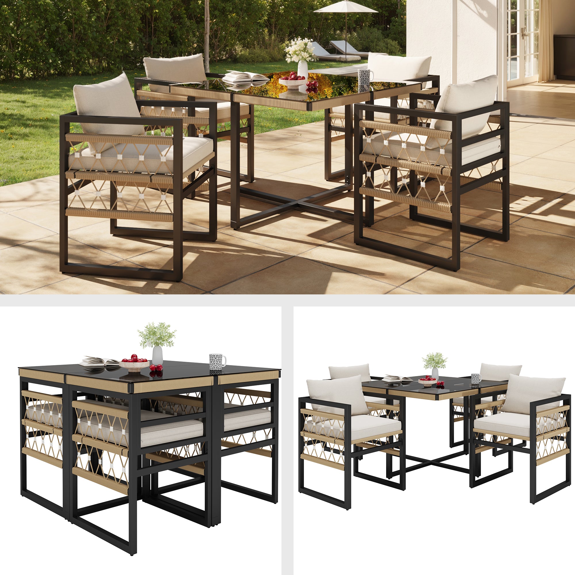 Handwoven Garden Sofa Set with Glass Table and 4 Armchairs, Beige Iron