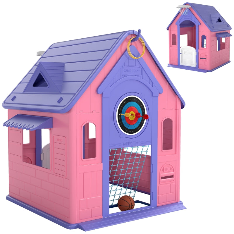 5-in-1 Playhouse Outdoor Indoor Basketball Football Dartboard Ring Toss Pink