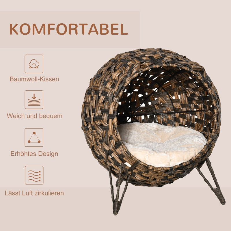 Rattan Cat House with Cushion, Raised Feet, Brown
