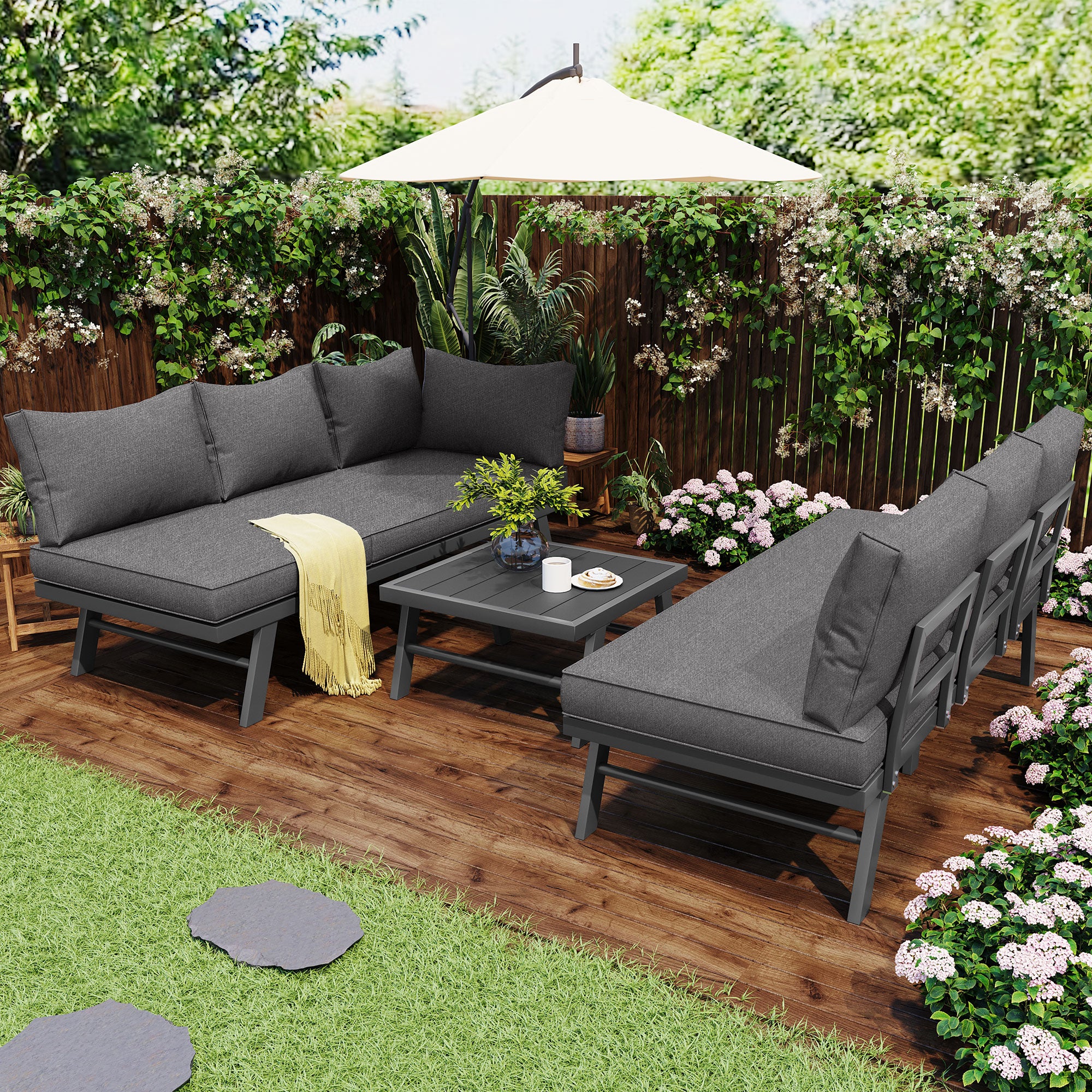 Garden furniture set lounge chair set 5-6 people 2 3-seater sofas 1 table with 7 gray cushions dark gray galvanized iron