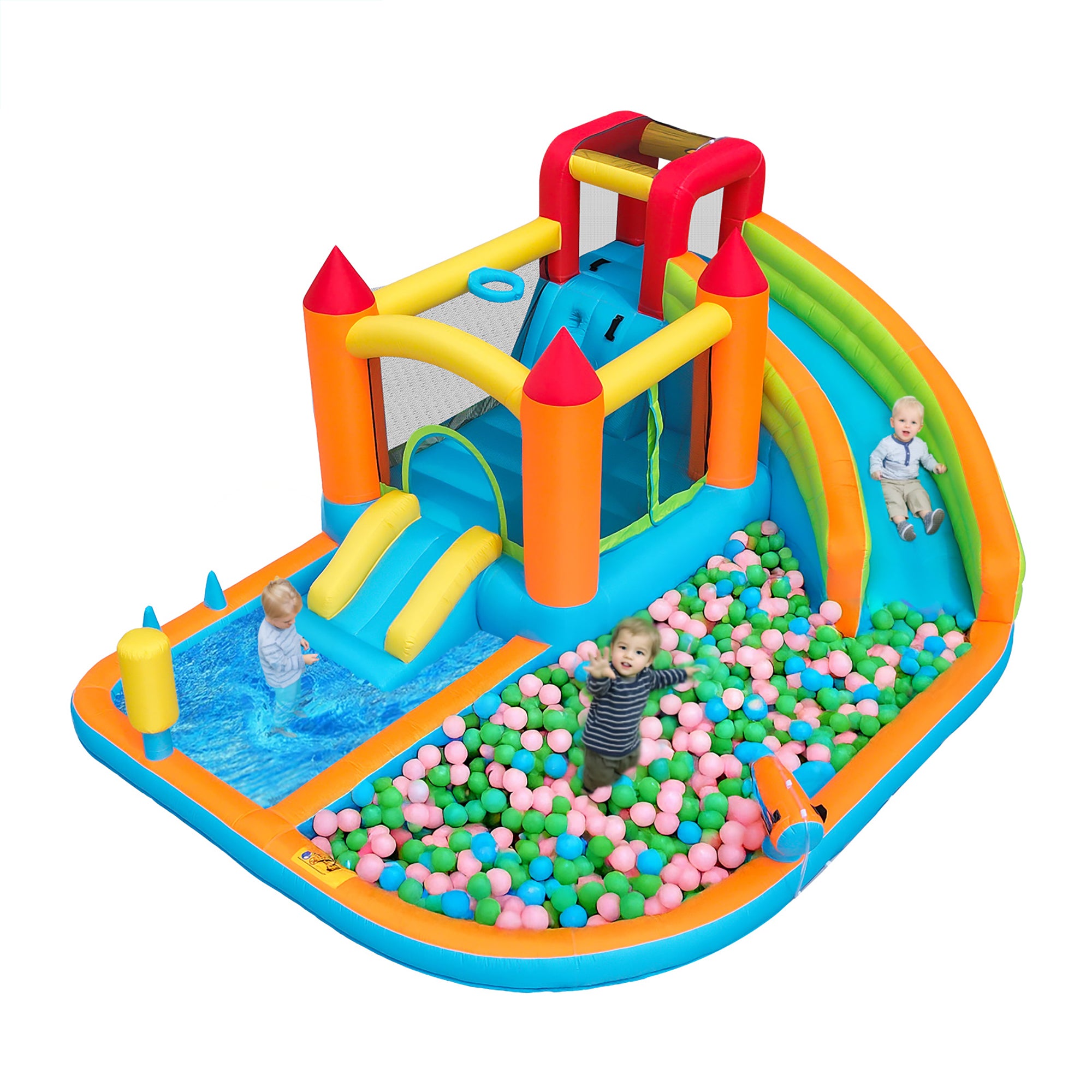 Multifunctional Outdoor Bouncy Castle with Blower, Water Slide, Trampoline, Basketball Hoop, Water Gun, 2 Pool Areas, 1 Large and 1 Small Slide