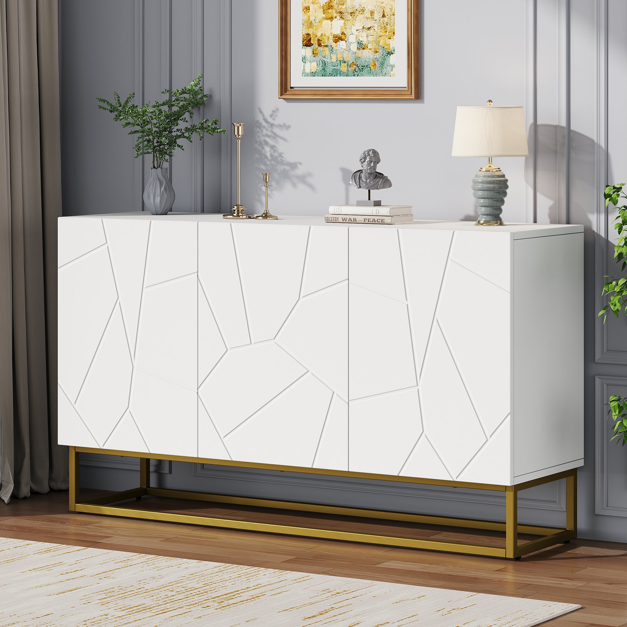 Sideboard, Modern Buffet Cabinet with 4 Compartments, 130 cm Wide, High-Gloss
